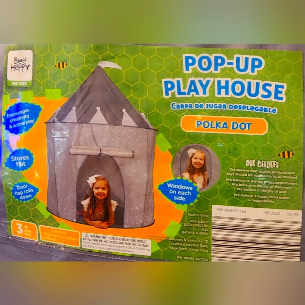 Princess POP-UP PLAYHOUSE Bee Happy POLKA DOT AGE 3+ ASSEMBLED 39 X 55 Grey NEW